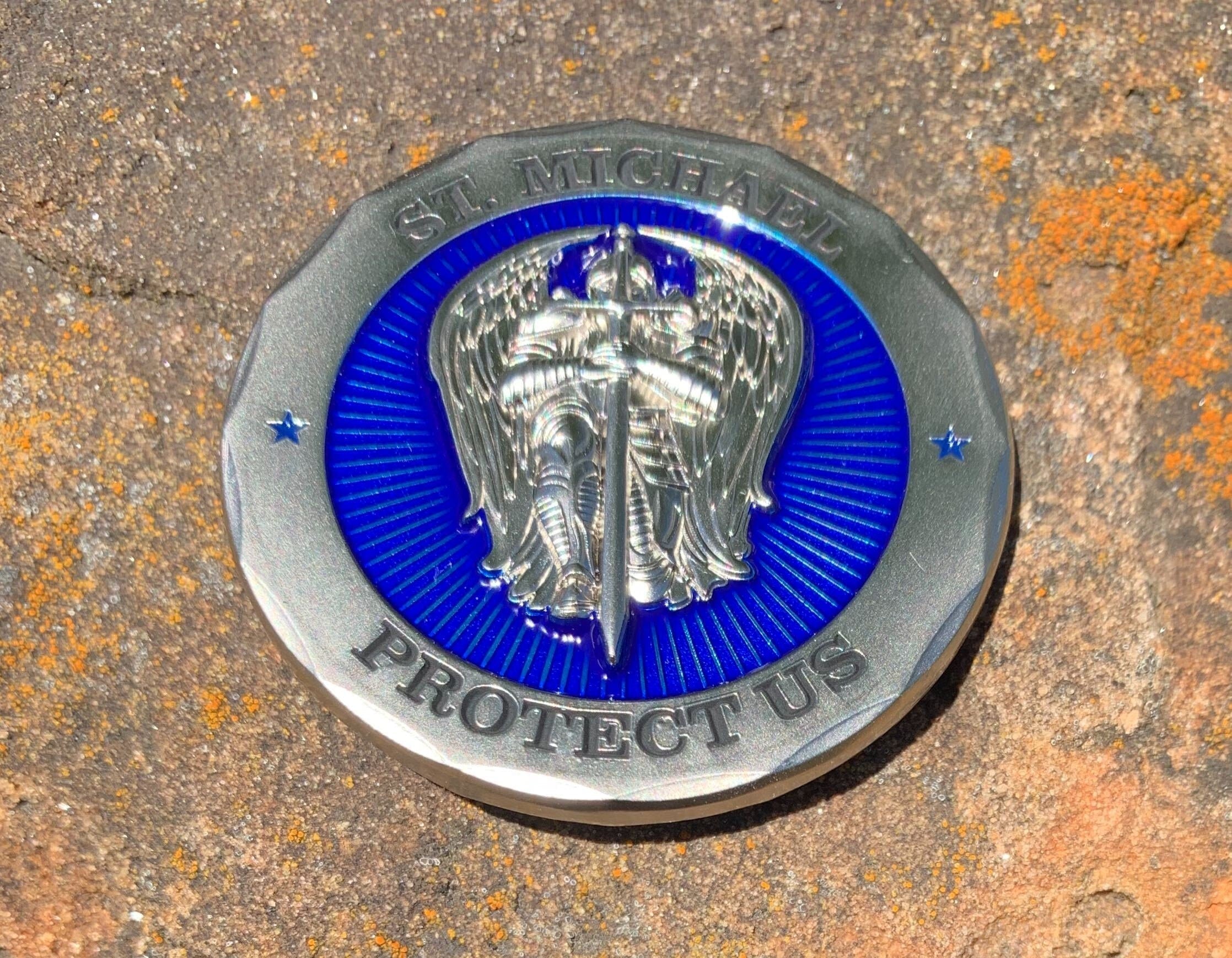 St Michael Protect Us Police Officer Prayer Challenge Coin Perfect For Police Appreciation or Police Week.  Translucent blue enamel.